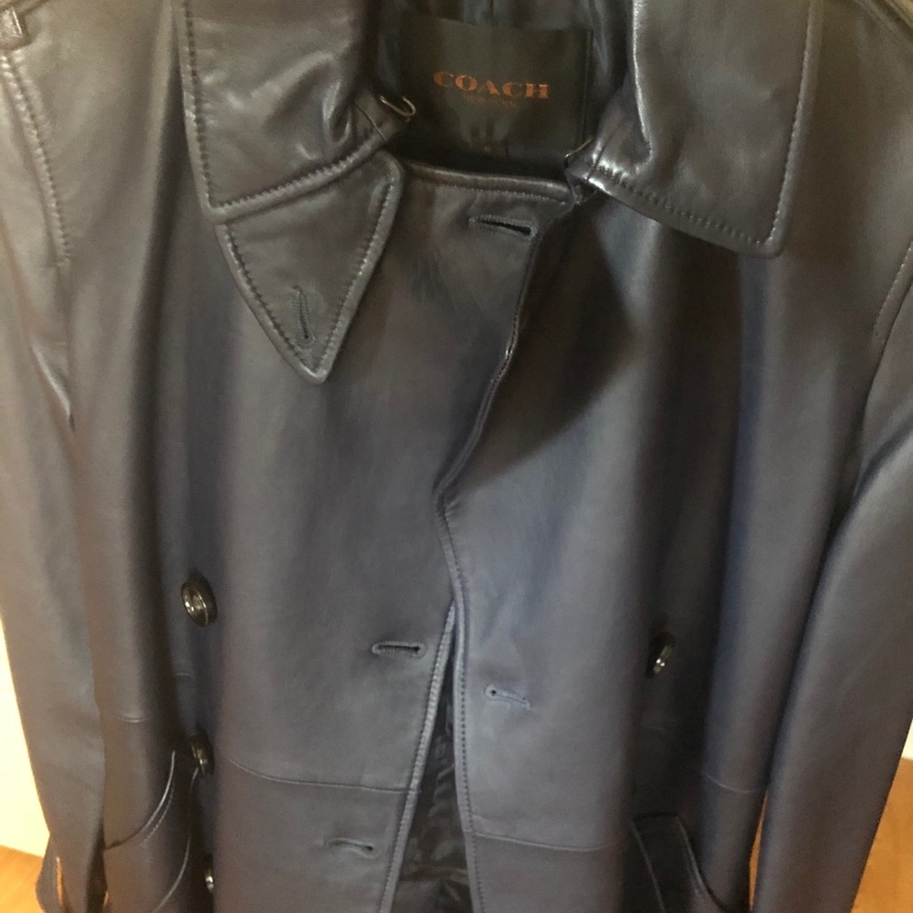 COACH navy blue leather short trench jacket